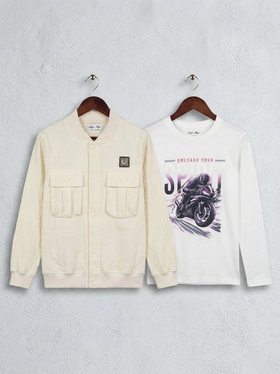 Trendy Boys Motorcycle Graphic Tee And Utility Button Jacket Outfit Combo Set