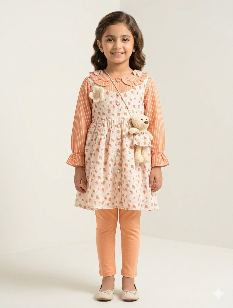 Sweet Autumn Harvest Fruit Print Dress Set with Plush Crossbody Bag and Matching Leggings