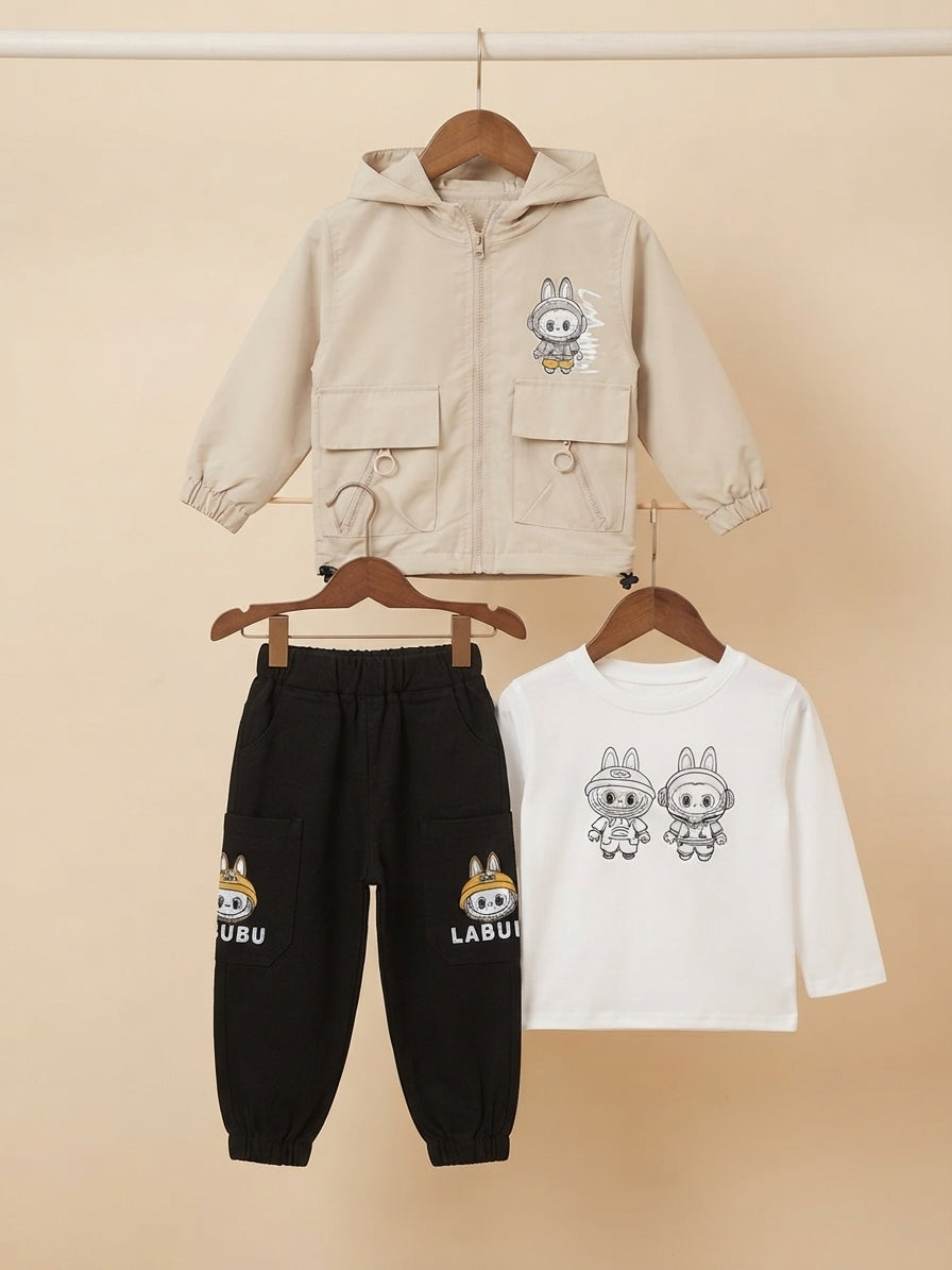 Stylish Kids 3-Piece Outfit Set Featuring Graphic Hoodie, T-Shirt, and Cargo Pants