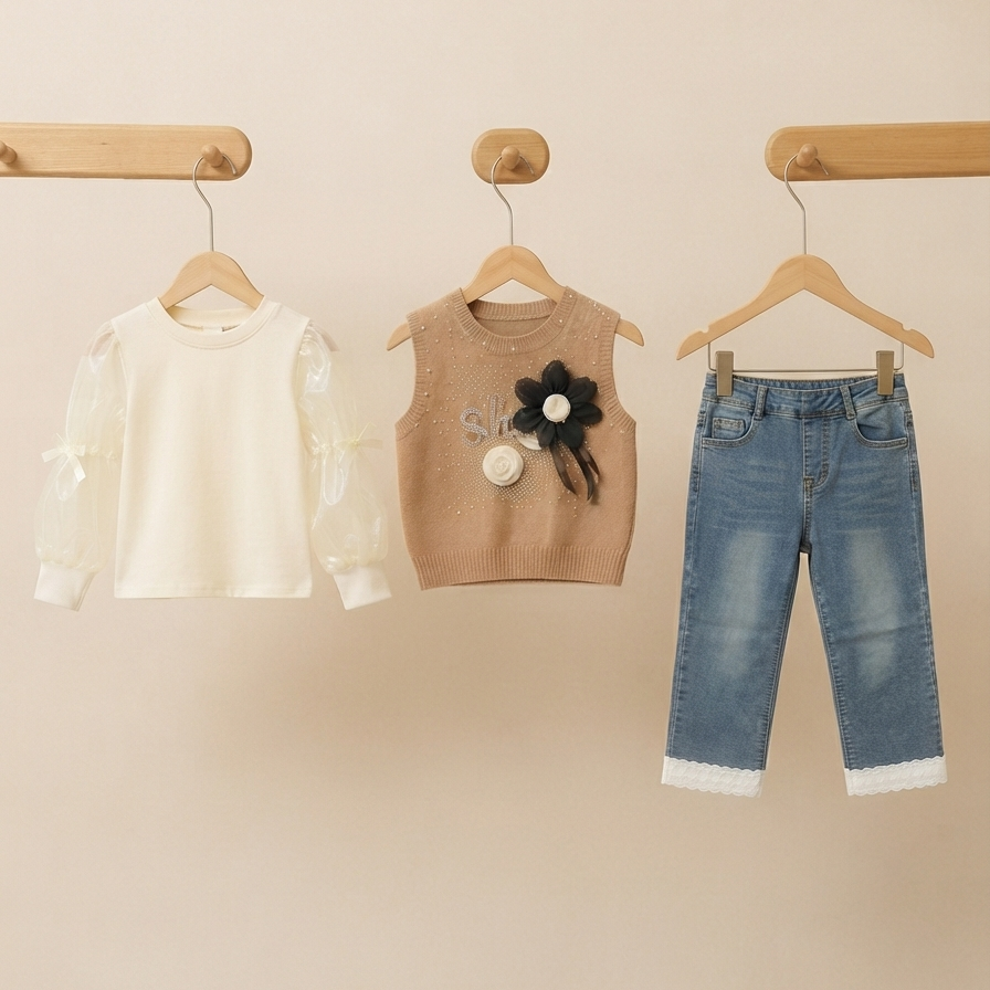 Stylish 3-Piece Girls Outfit Set with Knit Vest, Sheer Sleeve Top, and Glittery Pants