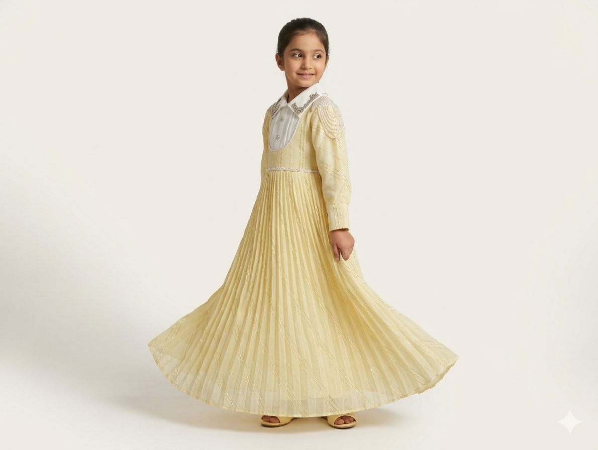 Girls' Luxury Pleated Chiffon Maxi Dress with Embellished Collar and Elegant Pearl Shoulder Detailing