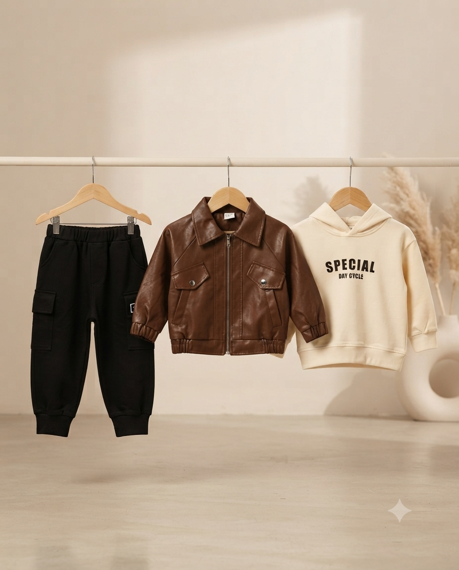 Stylish Three Piece Boys Outfit Set Leather Jacket Hoodie And Cargo Pants