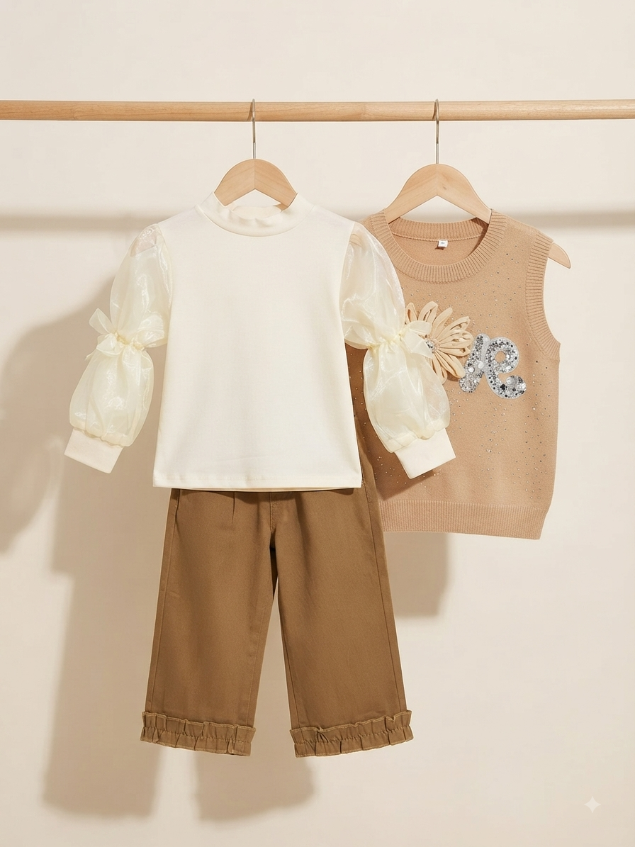 Three Piece Kids Outfit With Sheer Sleeve Top Vest And Ruffle Trousers