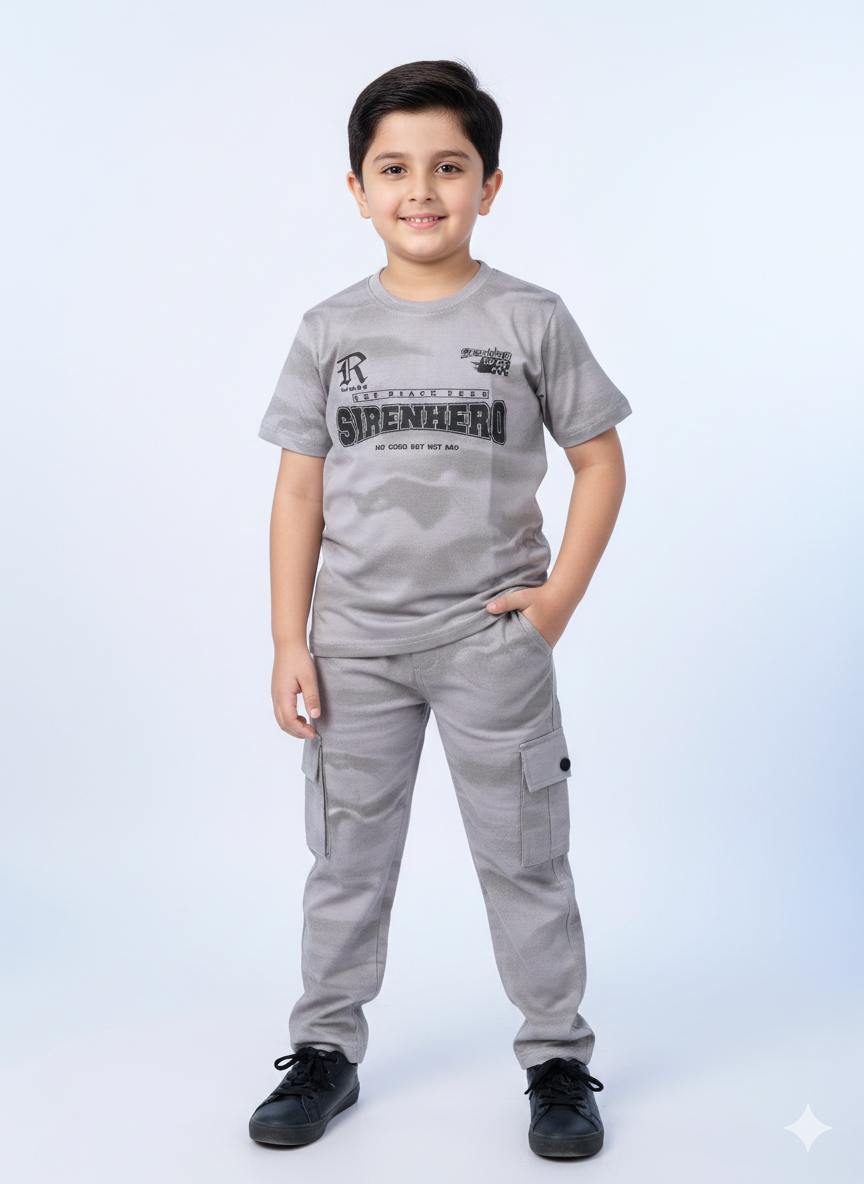 Versatile Multi-Toned Camo Graphic Tee and Cargo Pants Set for Active and Stylish Young Boys
