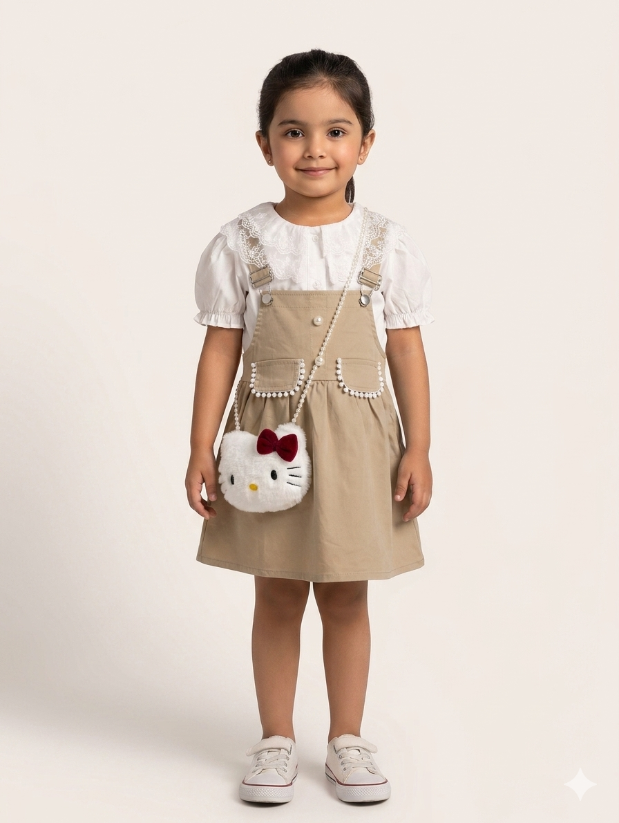 Toddler Girls Lace Collar Blouse and Overall Dress Set with Plush Character Crossbody Bag