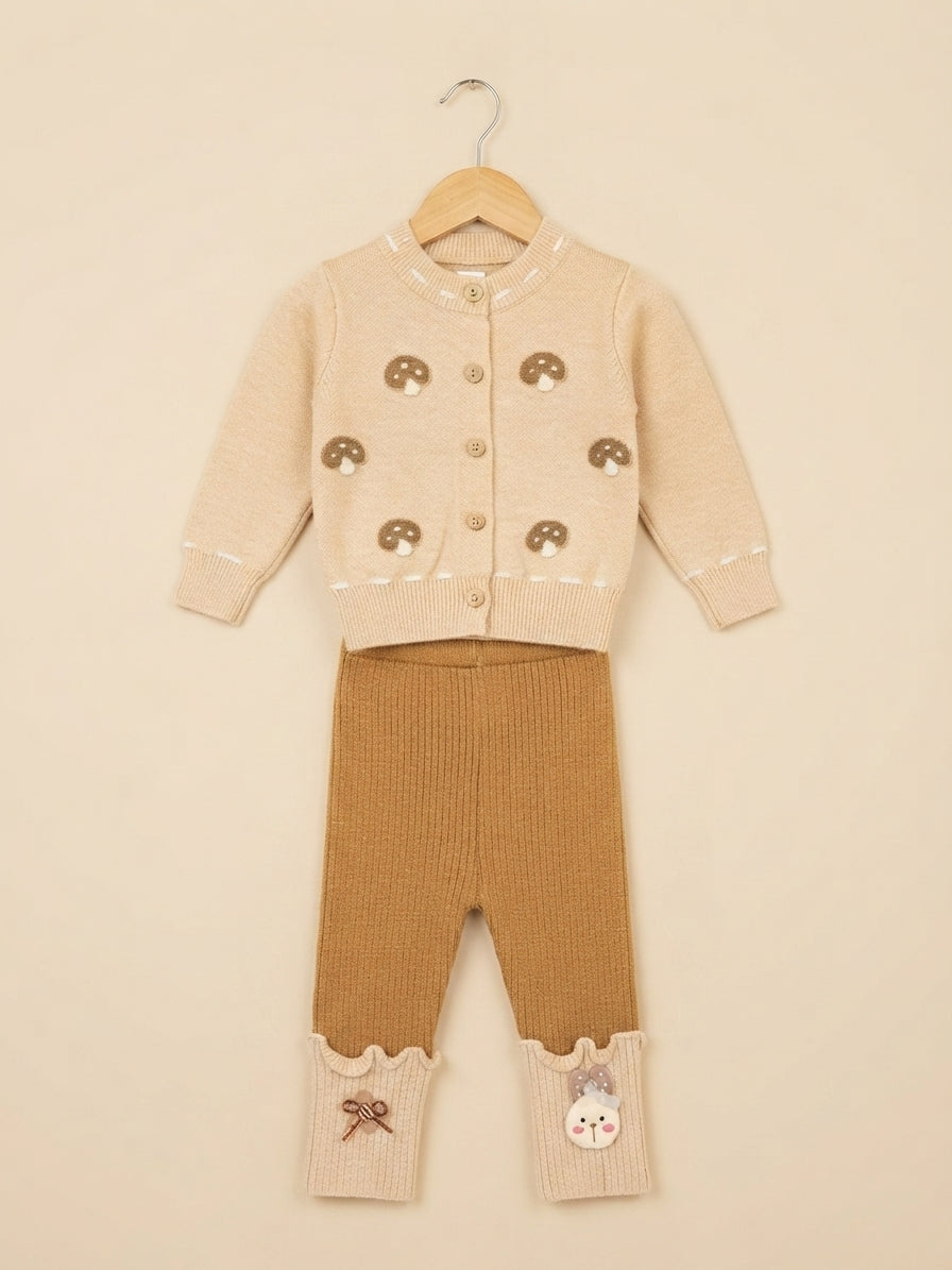 Charming Kids Knit Cardigan and Matching Pants Set Featuring Playful Mushroom Patterns