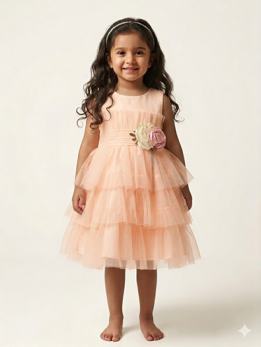 Elegant Sleeveless Tiered Tulle Flower Girl Dress with Floral Waist Detail for Special Occasions