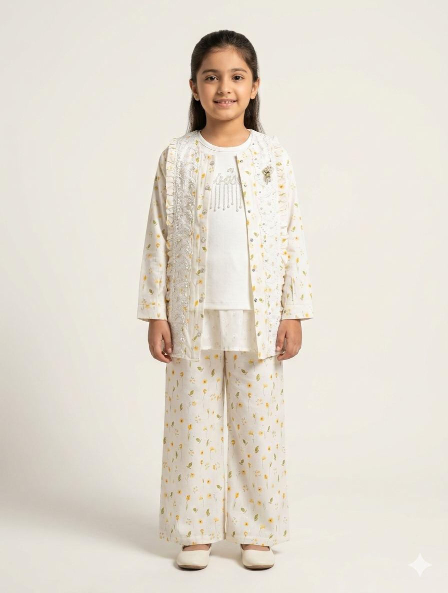 Elegant Girls' Floral Three-Piece Set with Embellished Jacket and Matching Wide-Leg Trouser Suit