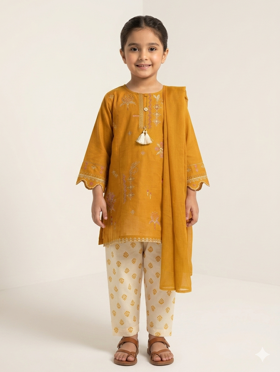 Girls Embroidered Lawn 3-Piece Suit with Printed Trousers and Matching Dupatta in Three Colors