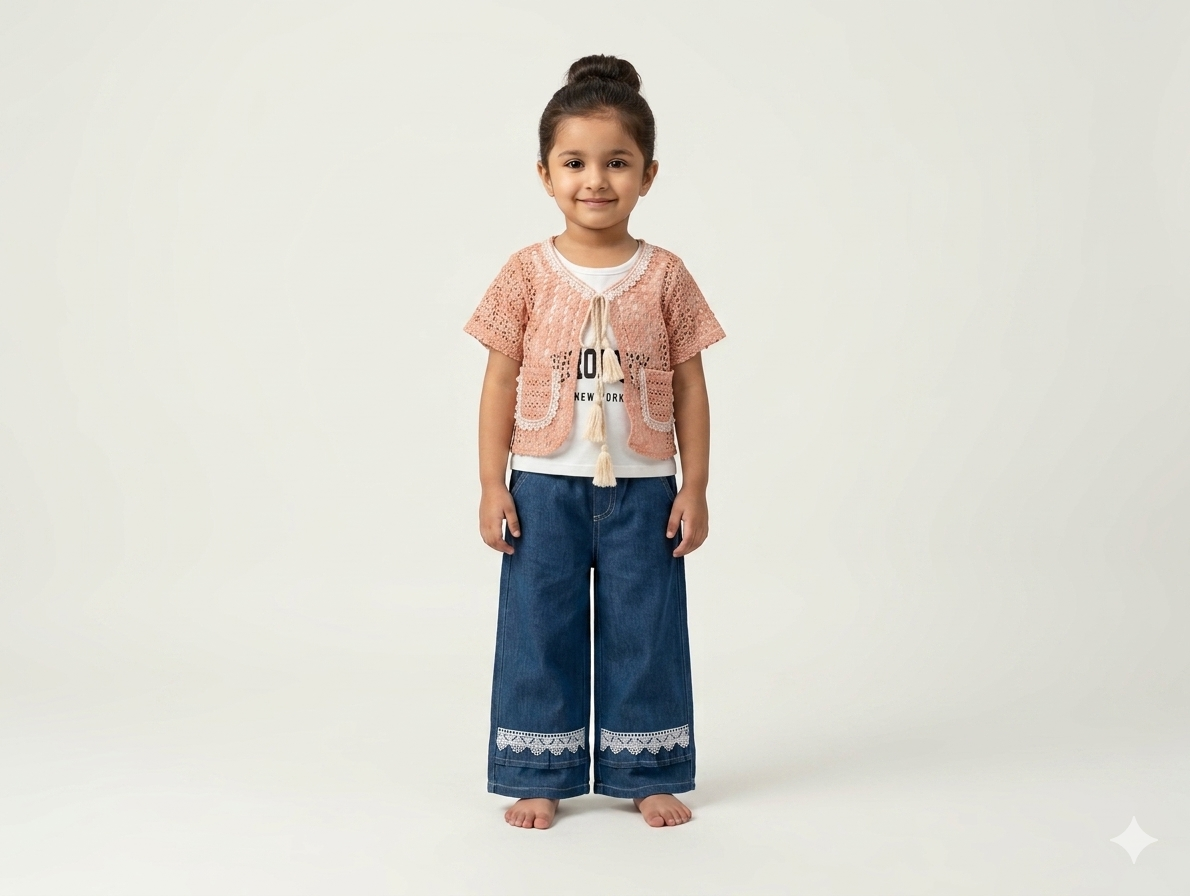 Boho-Chic Toddler Girls Crochet Lace Waistcoat and Wide Leg Denim Trousers Stylish Two-Piece Set