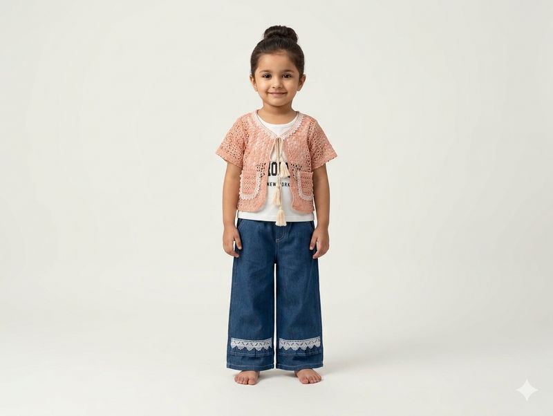 Boho-Chic Toddler Girls Crochet Lace Waistcoat and Wide Leg Denim Trousers Stylish Two-Piece Set