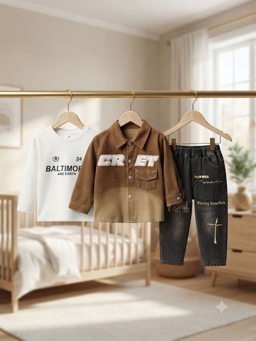 Boys Stylish Corduroy Jacket Shirt White T-Shirt and Denim Trouser Three Piece Outfit Set