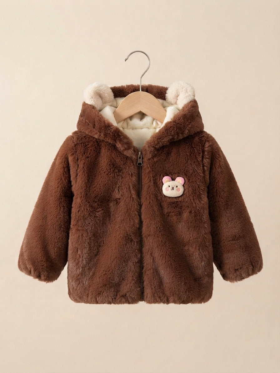Kids Cute Bear Ear Hooded Faux Fur Zip Up Jacket Winter Warm Coat