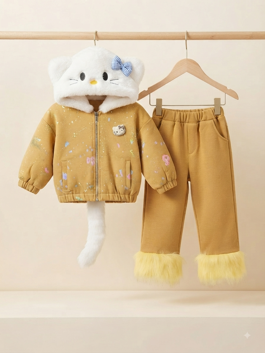 Purple Kids Winter Outfit With Fur Hood And Matching Trousers