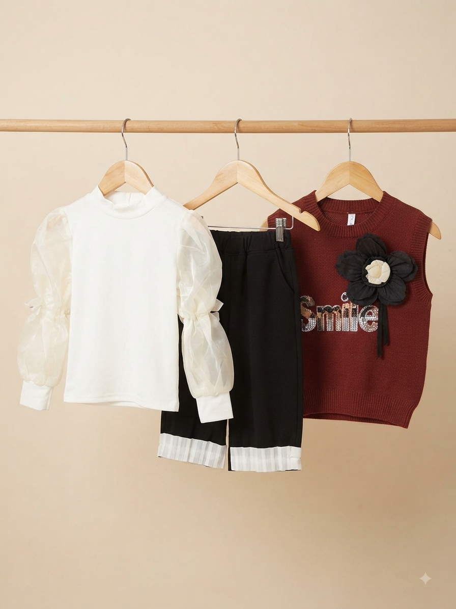 Stylish 3-Piece Girls Outfit Set with Knit Vest, Sheer Sleeve Top, and Glittery Pants