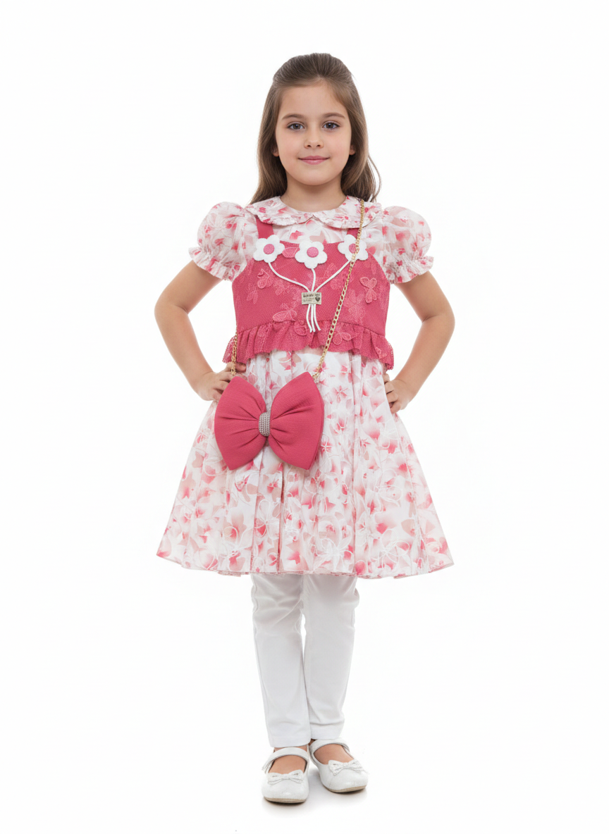 Girls' Floral Puff Sleeve Party Dress with Layered Bodice and Matching Bow Accessory Set