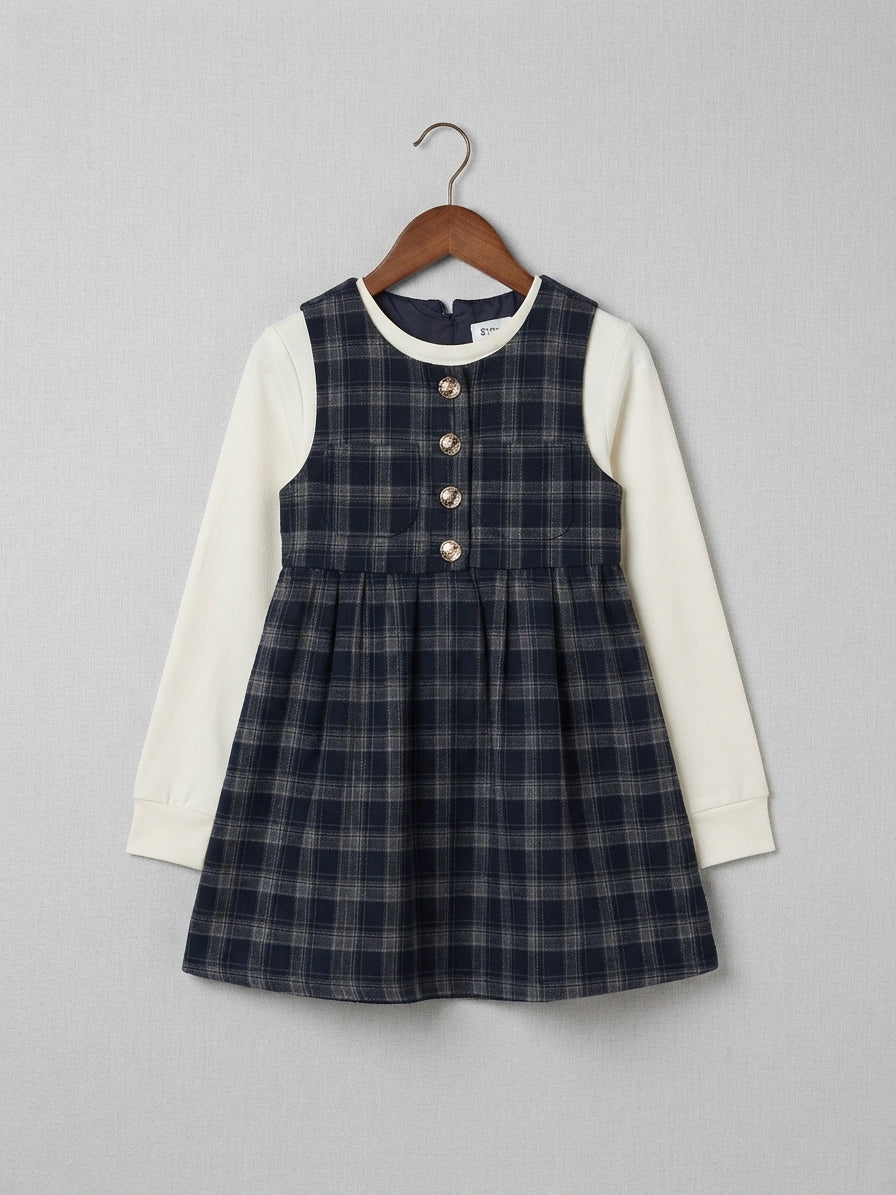 Girls Kids Checkered Pinafore Dress With Full Sleeve Inner Top Two Piece Set