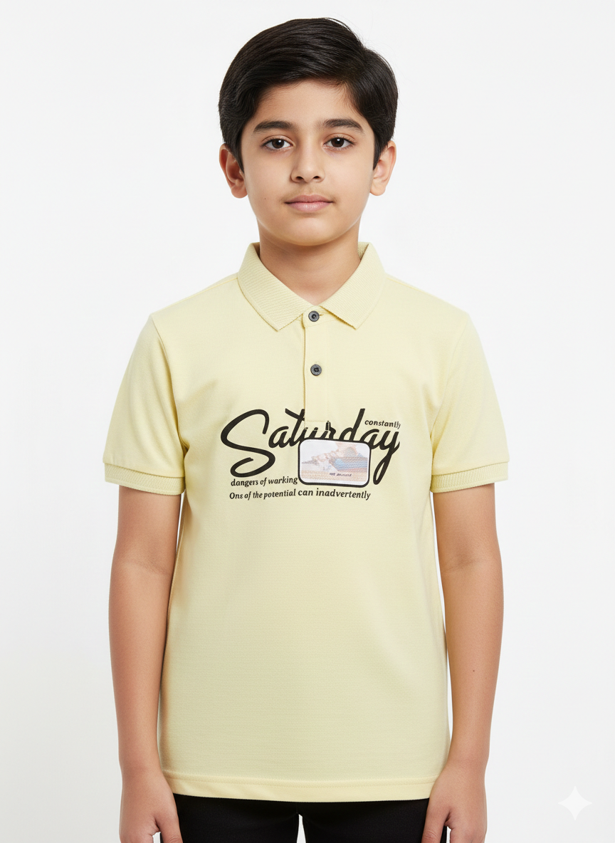 Classic Boys "Saturday" Graphic Polo Shirt Available In Multiple Colors For Versatile Weekend Styling