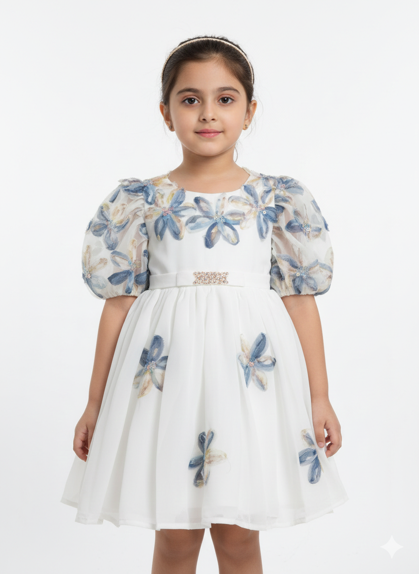 Elegant White Organza Girls' Occasion Dress with 3D Blue Tulle Flowers and Sparkly Waistband