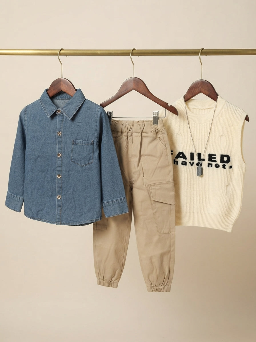 Stylish Boys Sleeveless Hoodie Khaki Cargo Pant And Blue Denim Shirt Outfit Set