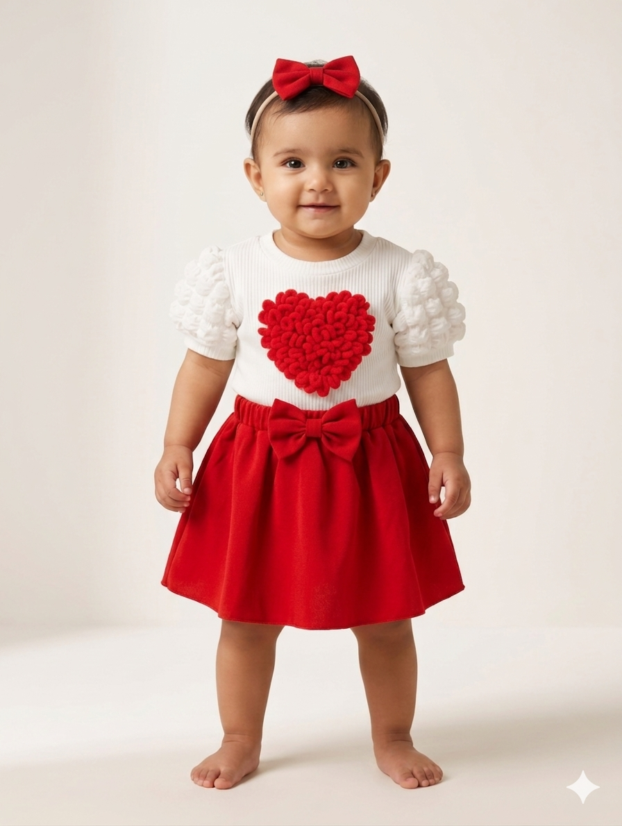 Toddler Girls Textured Heart Top and Bow Skirt Set in Red, Pink, and Brown