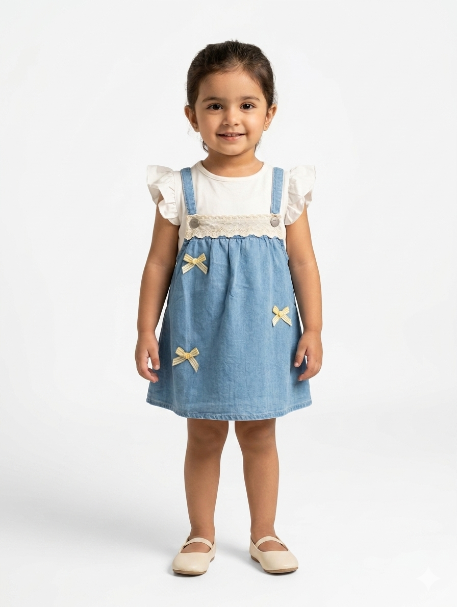 Little Girls' Flutter Sleeve White Top and Denim Pinafore Dress with Ribbon Accents