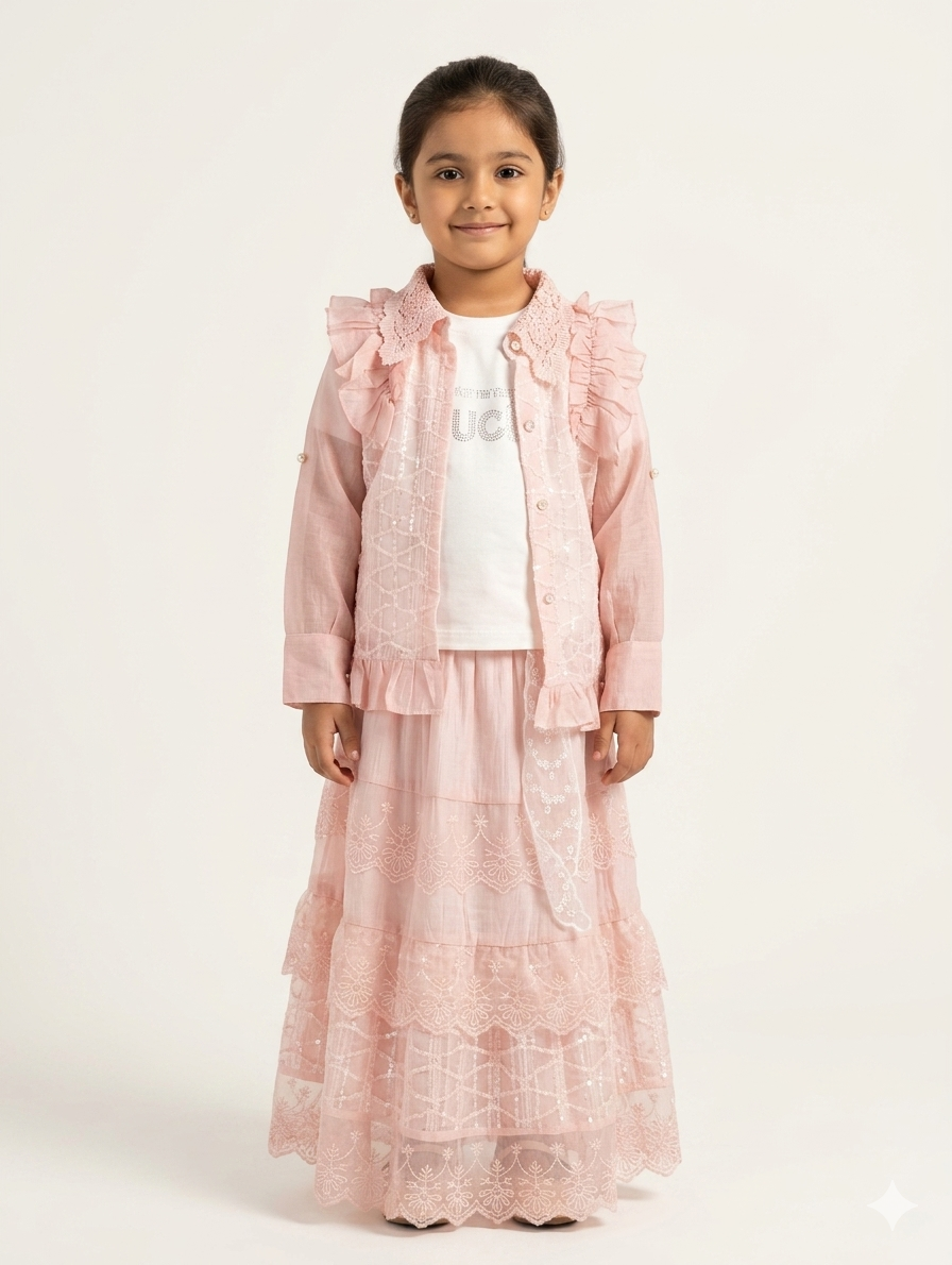 Elegant Girls' Three-Piece Embroidered Lace Tiered Maxi Skirt and Ruffle Jacket Set