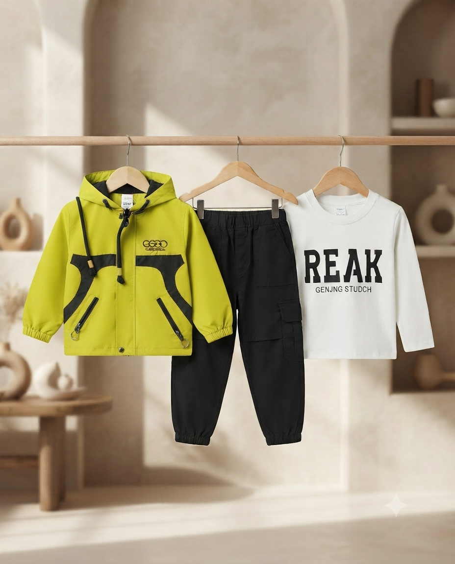Trendy Boys Hooded Jacket T-shirt and Cargo Pant Set for Comfortable Daily Wear