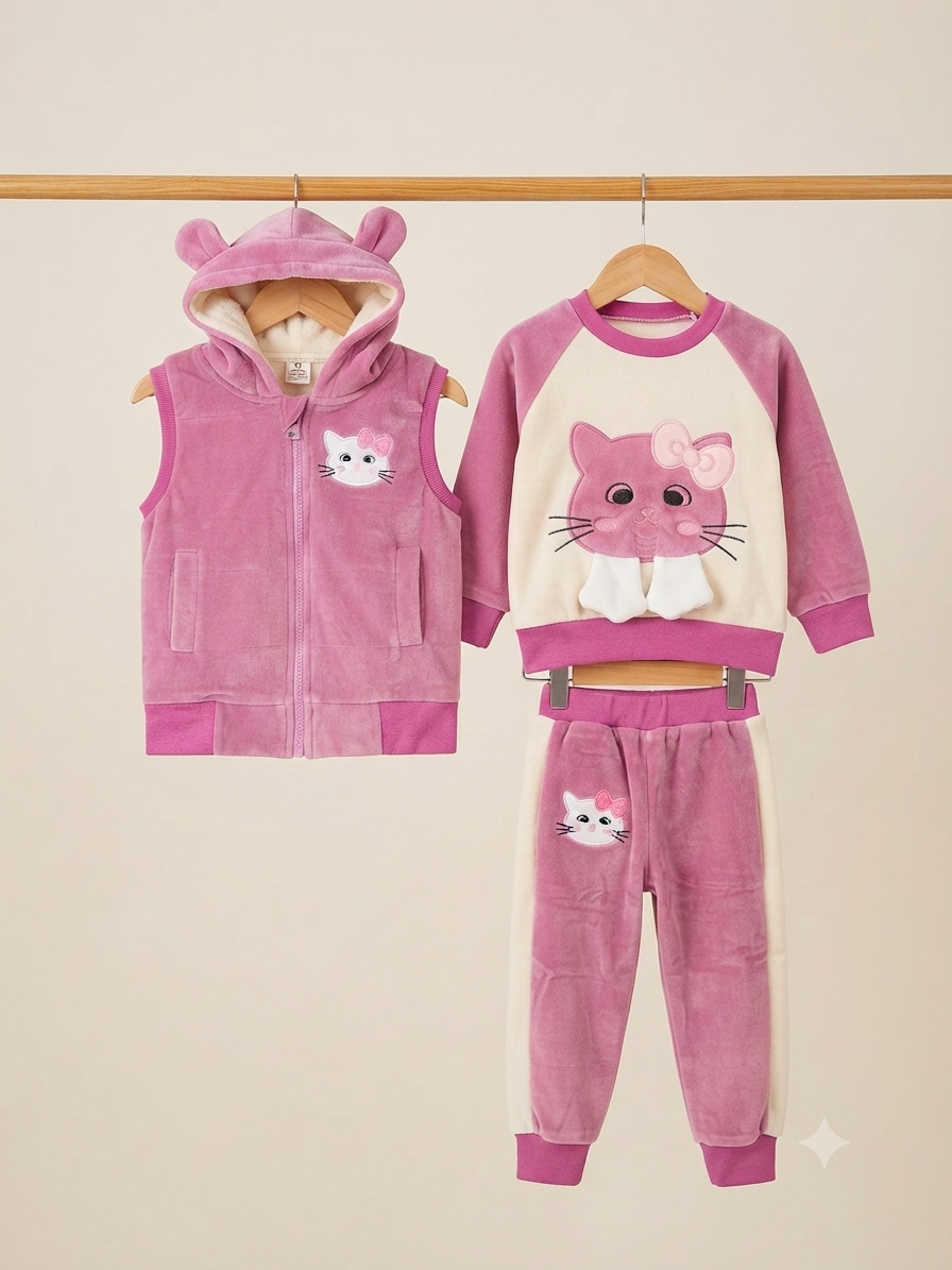 Cute Baby Pink Winter Velvet Outfit Set With Hooded Vest And Matching Trousers