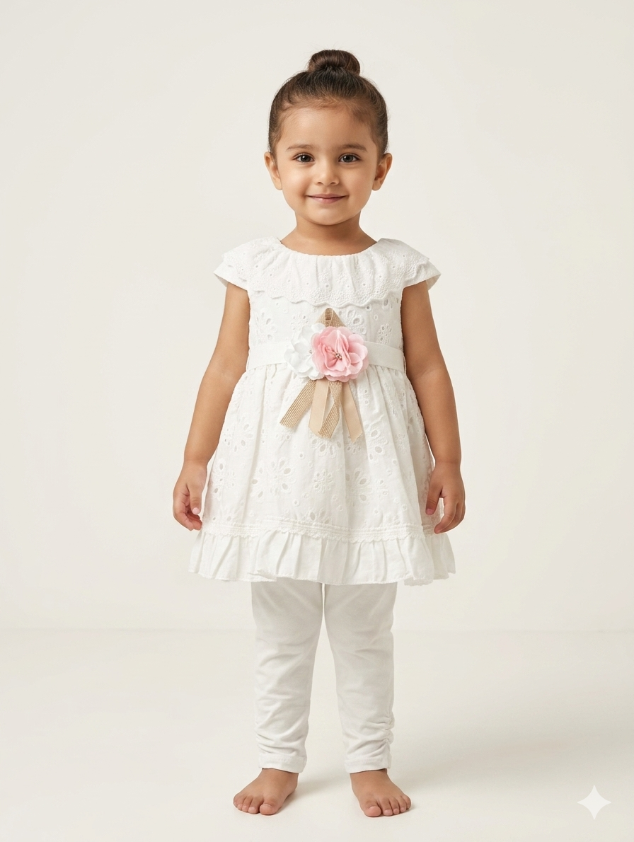 Adorable Girls Chikankari Embroidered Cotton Tunic and Leggings Set in White and Summer Yellow