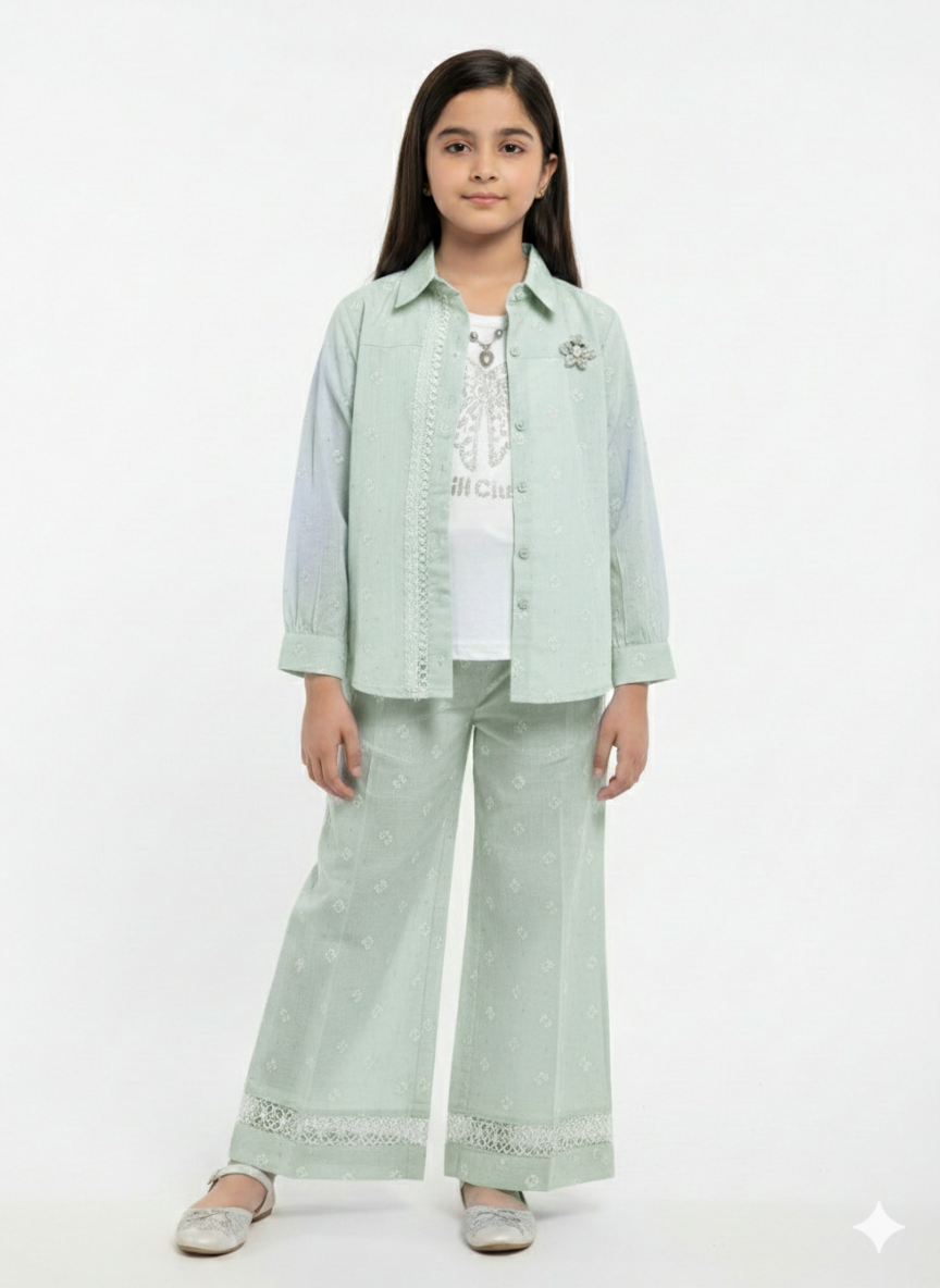 Girls' Chic Pink Geometric Print Three-Piece Co-ord Set with Embroidered Shirt and Wide-Leg Trousers