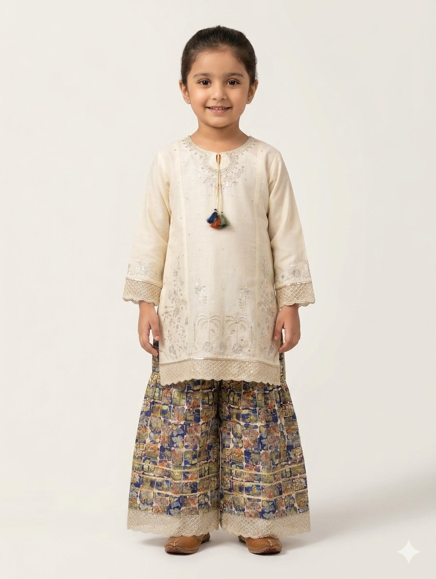 Girls Elegant Embroidered White Tunic and Multicolored Gharara Pants Two-Piece Traditional Ethnic Outfit Set