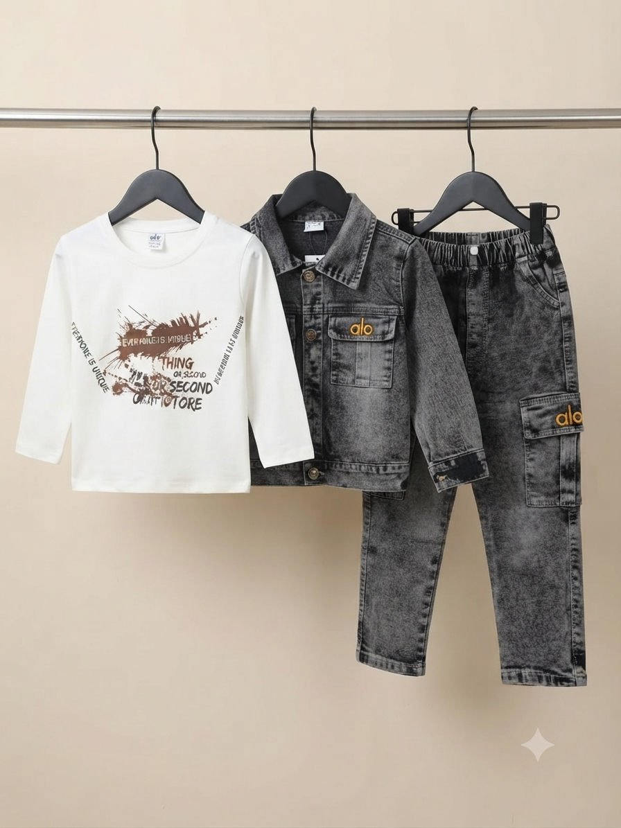 Kids Stylish 3-Piece Denim Outfit Set With Printed Shirt Jacket And Cargo Pants
