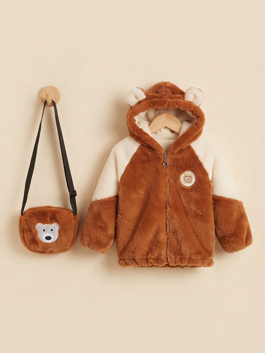 Kids Cute Bear Ear Hooded Faux Fur Jacket With Matching Crossbody Bag Set
