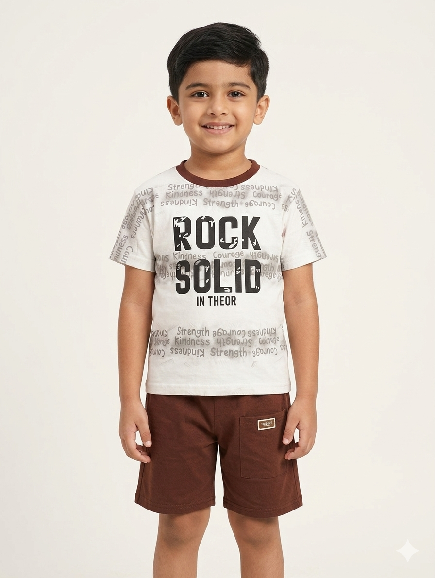 Boys' Rock Solid Graphic Tee and Cargo Shorts Set in Earthy Summer Tones