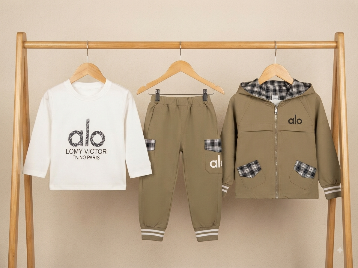 Kids stylish 3-piece winter outfit set featuring t-shirt, pant, and hooded jacket.
