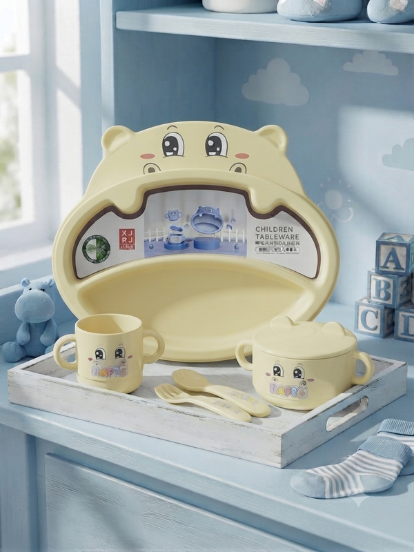 Cute Hippo Themed Children Tableware Set With Divided Plate Bowl Cup Spoon And Fork