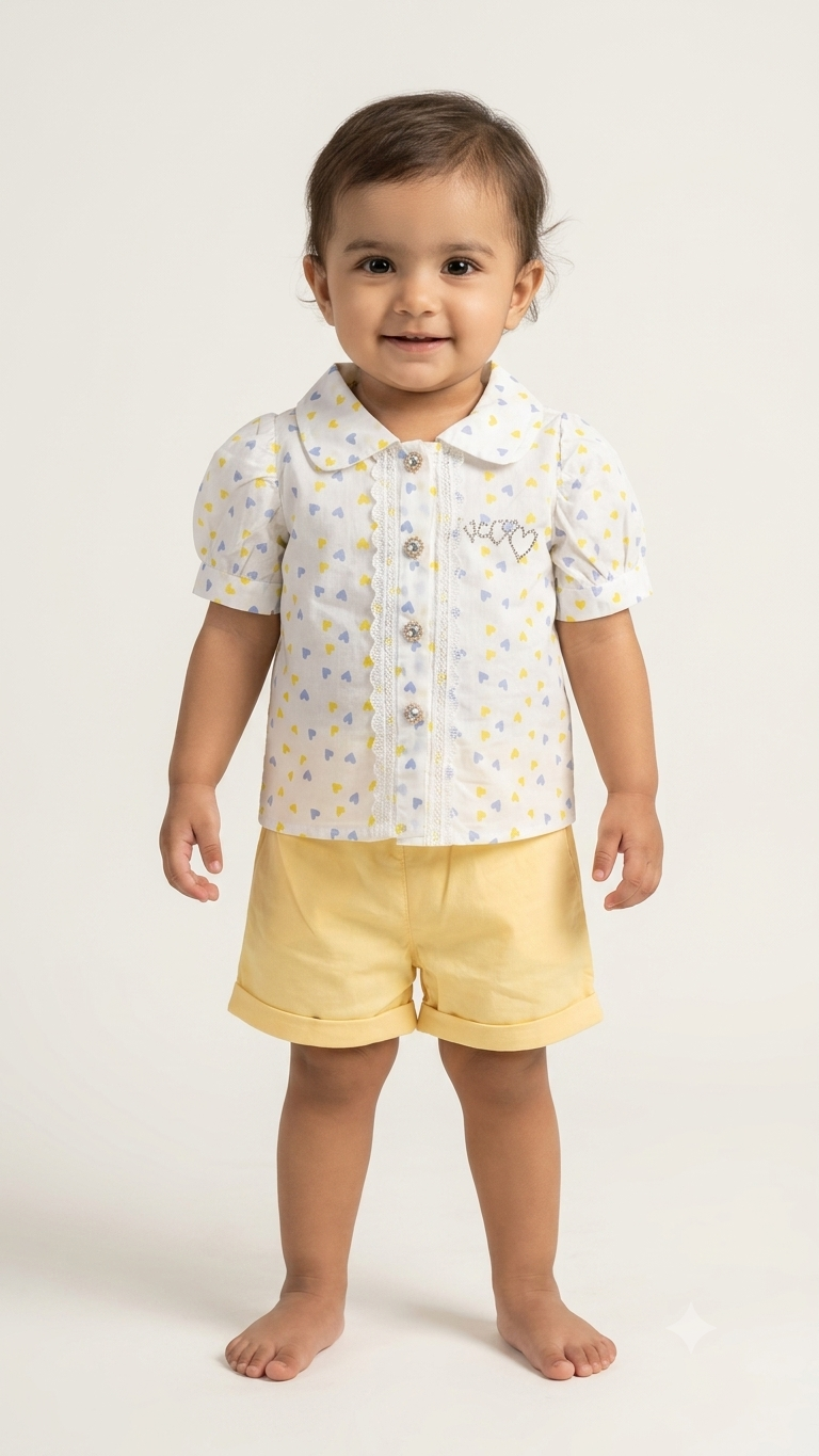 Toddler Girl Heart Print Shirt and Shorts Set, Breathable Cotton Summer Outfit Kids