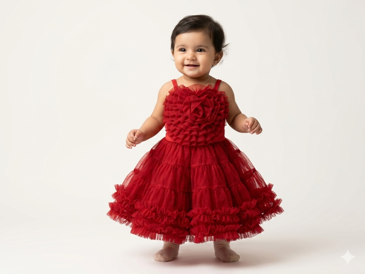Adorable Baby Girls Red Tulle Ruffle Party Dress With Large Rosette Detail For Birthdays