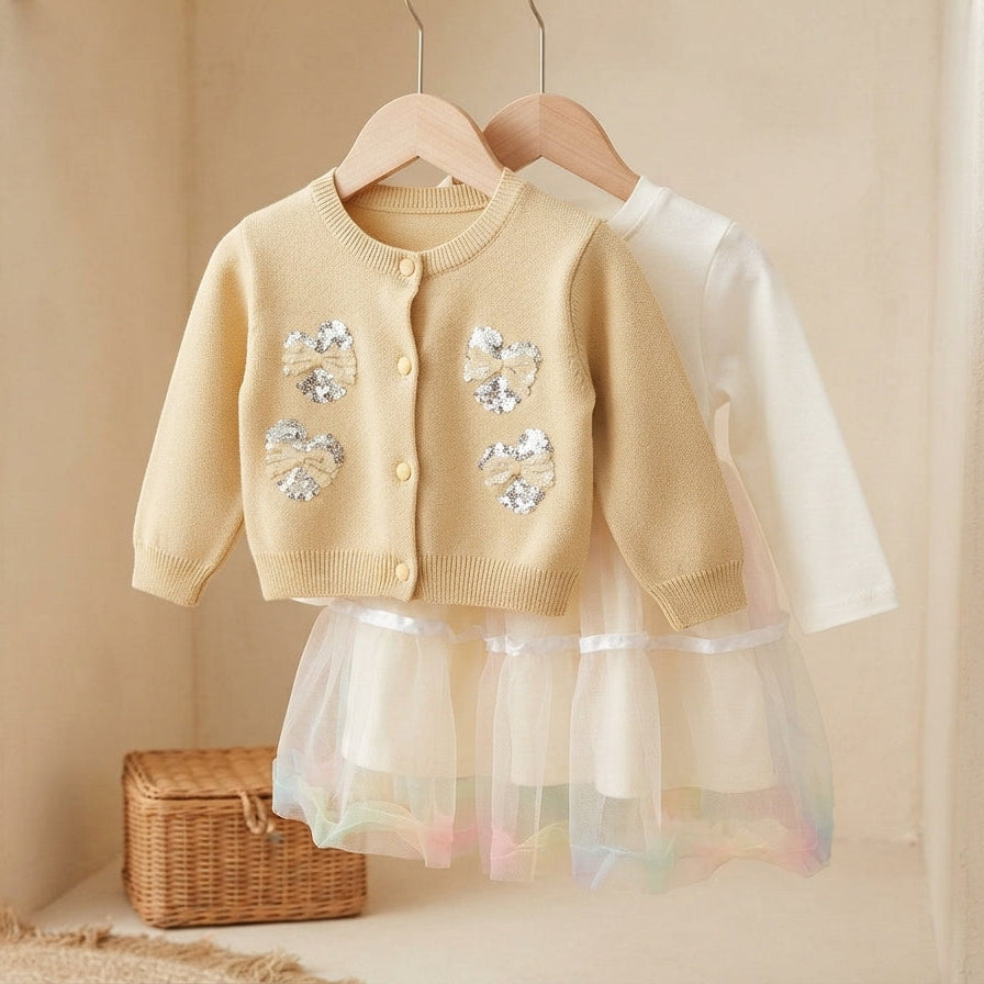 Stylish Kids Two Piece Sequin Heart Cardigan And Tulle Dress Set