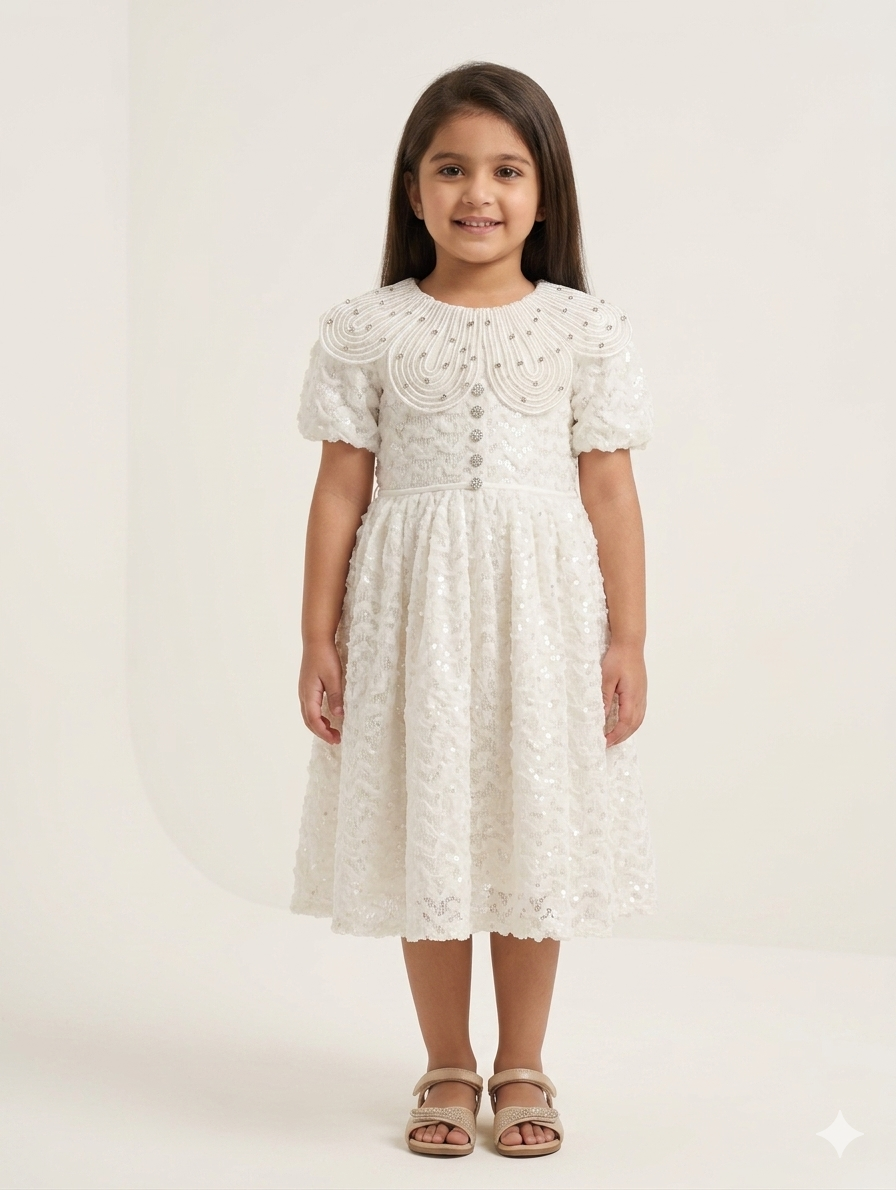 Elegant Girls Sequin Lace Party Dress with Pearl Peter Pan Collar and Puff Sleeves