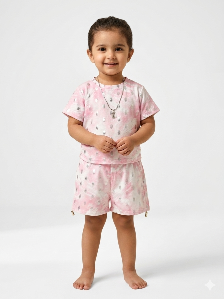 Baby Girls Cute White and Silver Metallic Foil Print T Shirt and Shorts Set