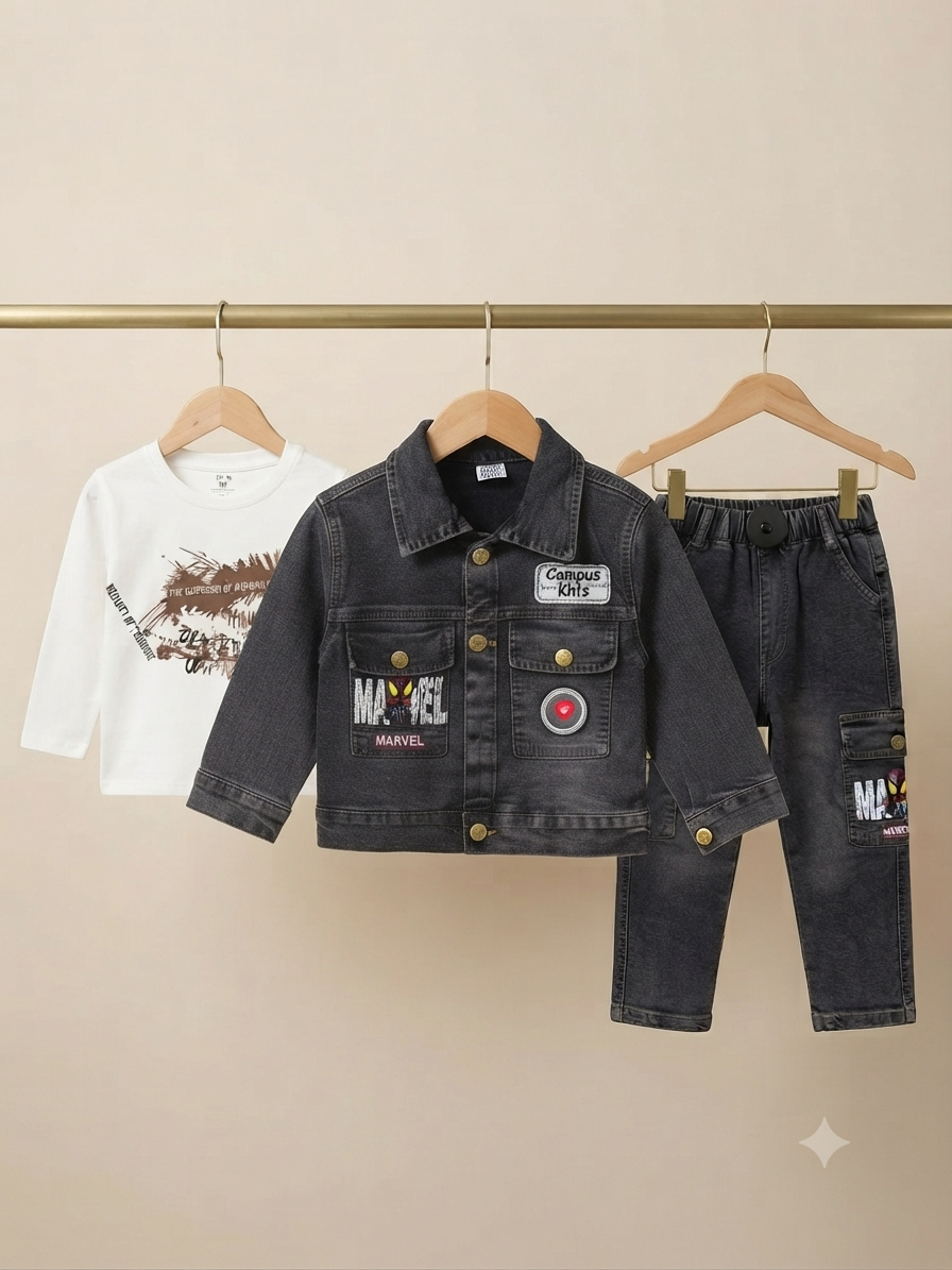 Marvel Spider-Man 3-Piece Outfit Set Denim Jacket Shirt and Cargo Pants for Boys
