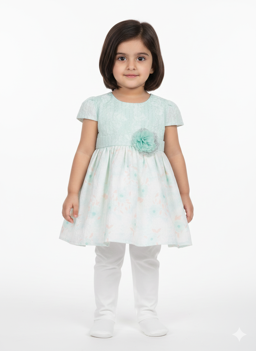 Sweet Girls' Floral Jacquard Empire Waist Dress With 3D Rose Detail And Matching Leggings