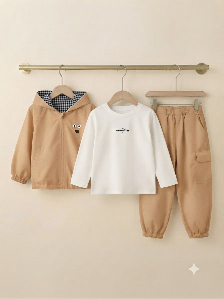 Kids 3-Piece Outfit Set Hooded Jacket White T-Shirt Cargo Trousers