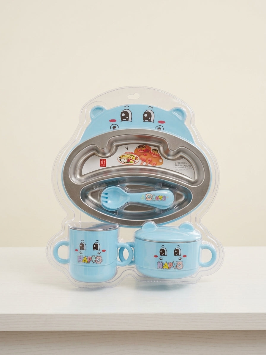 Kids Stainless Steel Compartment Dinnerware Set With Cup Bowl Spoon Fork Feeding Set