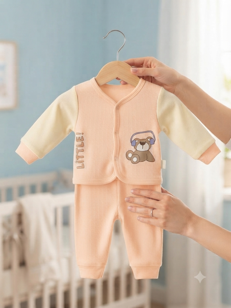 Cute Baby Bear Print Cotton Thermal Top and Bottom Clothing Set
