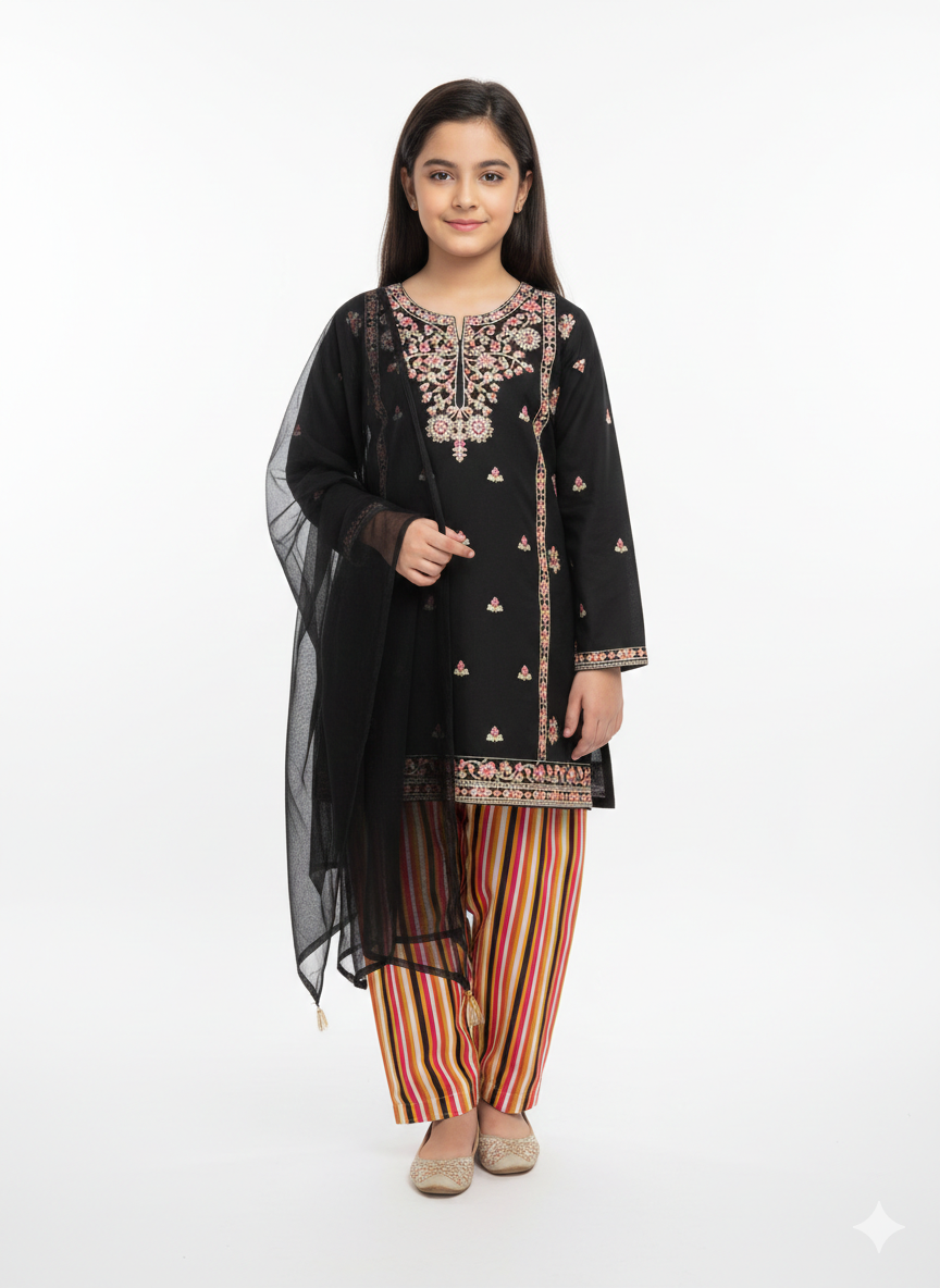 Girls' Festive Embroidered Kurta Set with Striped Trousers and Sheer Net Dupatta Ethnic Outfit