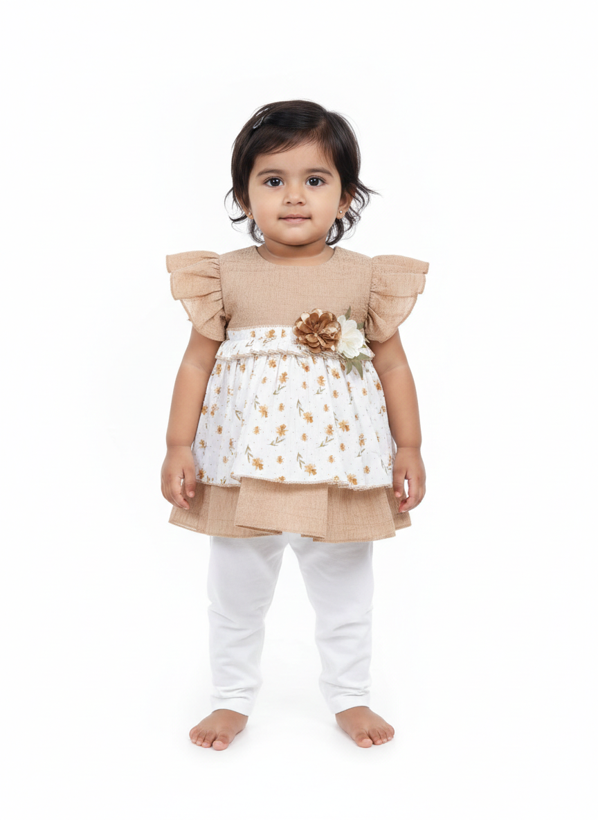 Toddler Girls' Elegant Olive Green and White Floral Tiered Frock with Flutter Sleeves Set