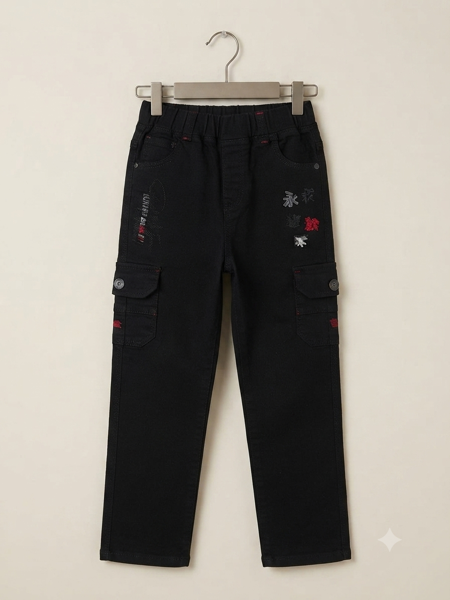 Stylish boys cargo denim pants featuring utility pockets, embroidered details, and a comfortable elastic waistband.